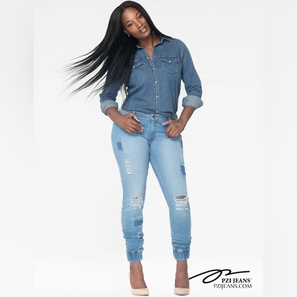 NWT Pzi Jeans Kasey Patch Denim Joggers Curvy Mid Rise Casual Trendy Chic Pants